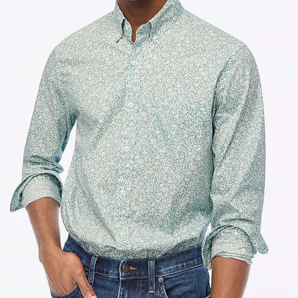 J. Crew Slim Flex Wash Green & White Botanical Floral Button Down Shirt | XL NWT